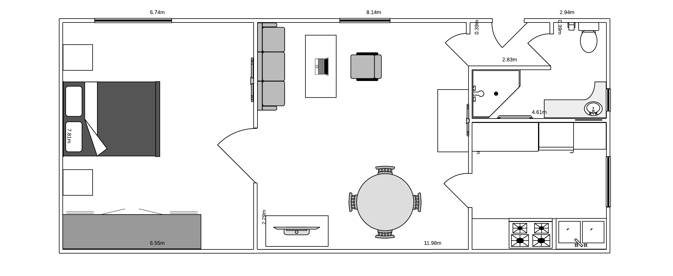 🖼️ Plano arquitectónico de un apartamento con distribución detallada de habitaciones, mobiliario y medidas.