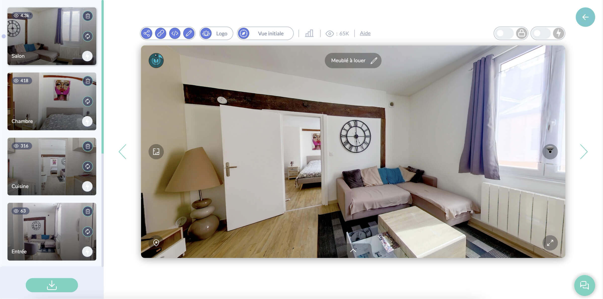 Vue globale du lecteur interactif permettant de réaliser la visite virtuelle 360°