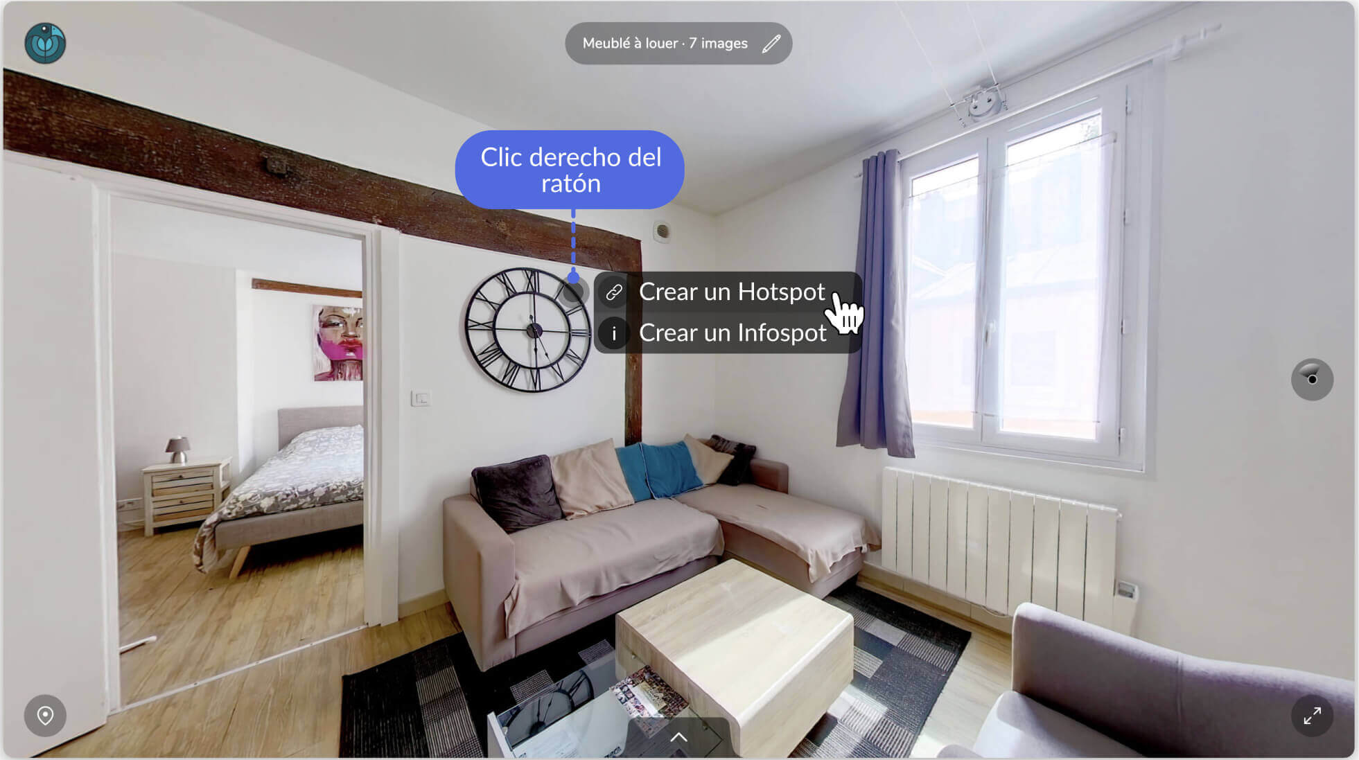 🖼️ Interfaz de edición de un tour virtual 360, mostrando el proceso de creación de un hotspot mediante un clic derecho del ratón.